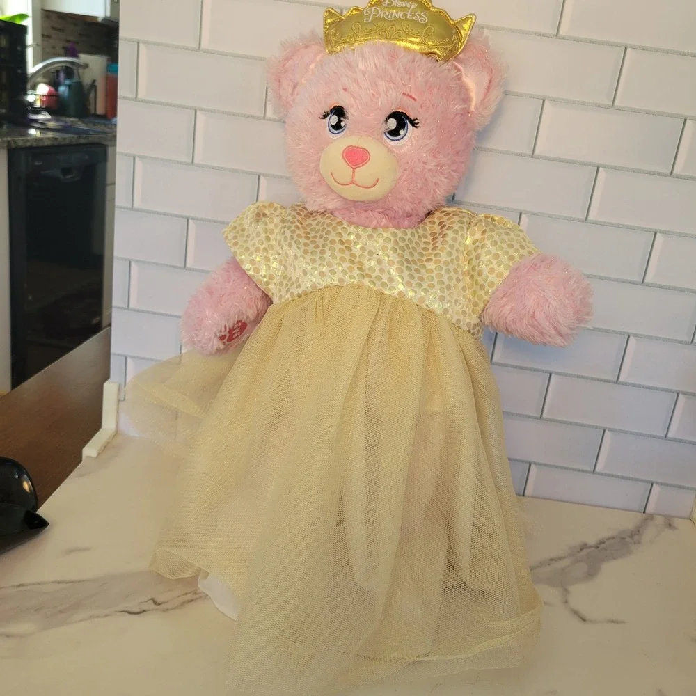 Build A Bear Disney Princess Pink Plush Bear Gold Sequin Tulle Dress Crown Belle